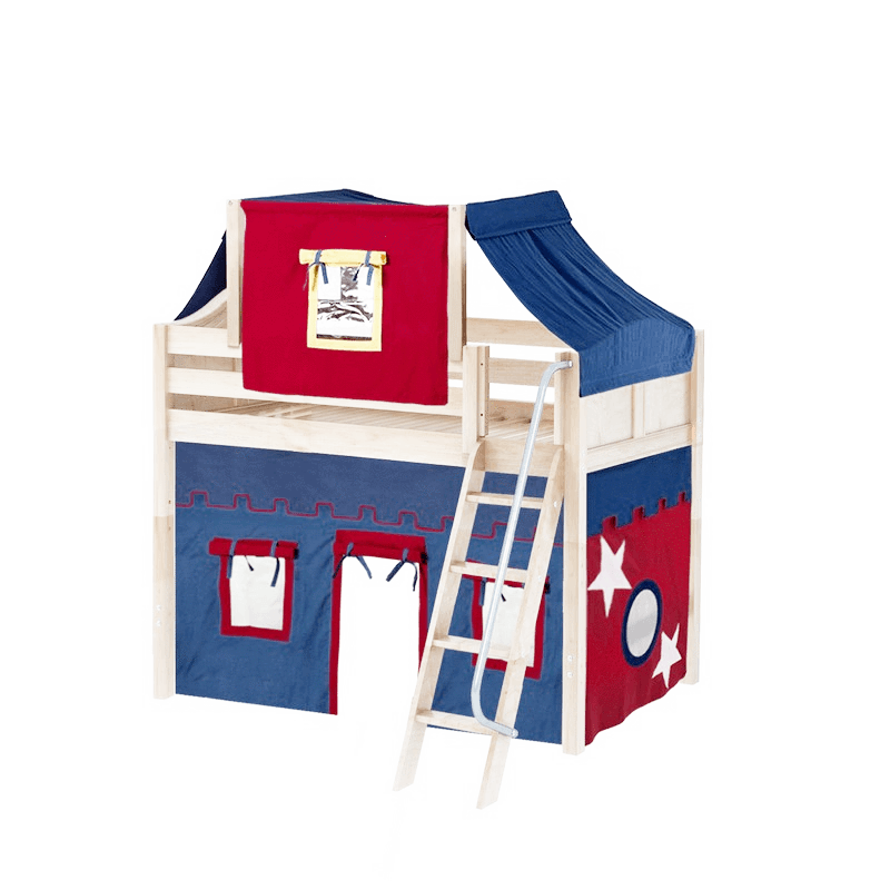 Maxtrix Twin Mid Loft Bed with Angled Ladder, Curtain + Top Tent