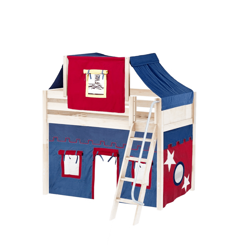 Maxtrix Twin Mid Loft Bed with Angled Ladder, Curtain + Top Tent