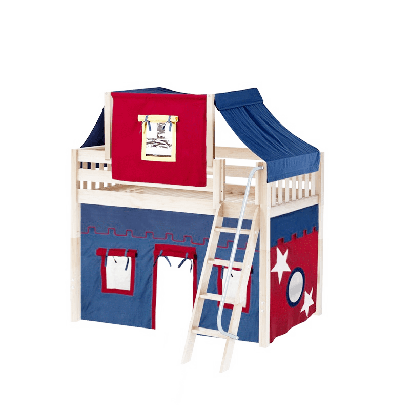 Maxtrix Twin Mid Loft Bed with Angled Ladder, Curtain + Top Tent