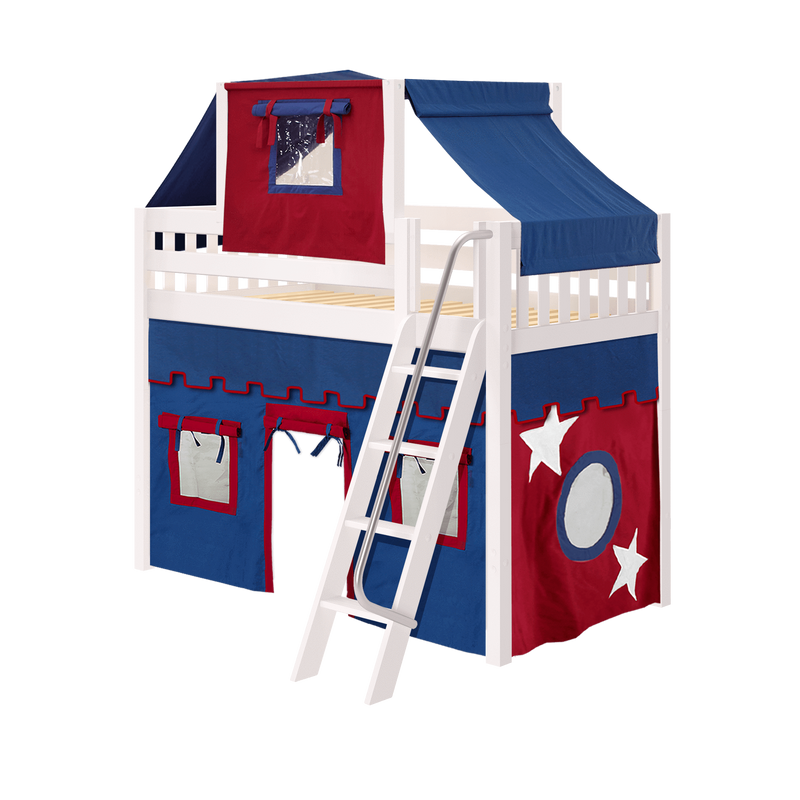 Maxtrix Twin Mid Loft Bed with Angled Ladder, Curtain + Top Tent
