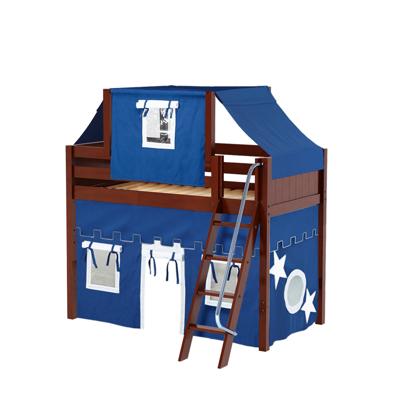 Maxtrix Twin Mid Loft Bed with Angled Ladder, Curtain + Top Tent