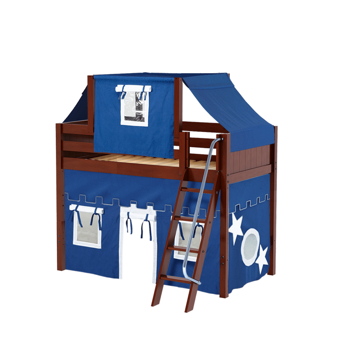 Maxtrix Twin Mid Loft Bed with Angled Ladder, Curtain + Top Tent
