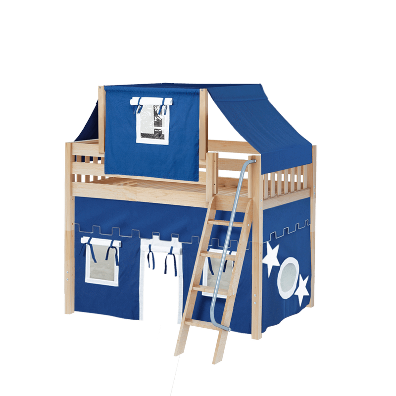 Maxtrix Twin Mid Loft Bed with Angled Ladder, Curtain + Top Tent