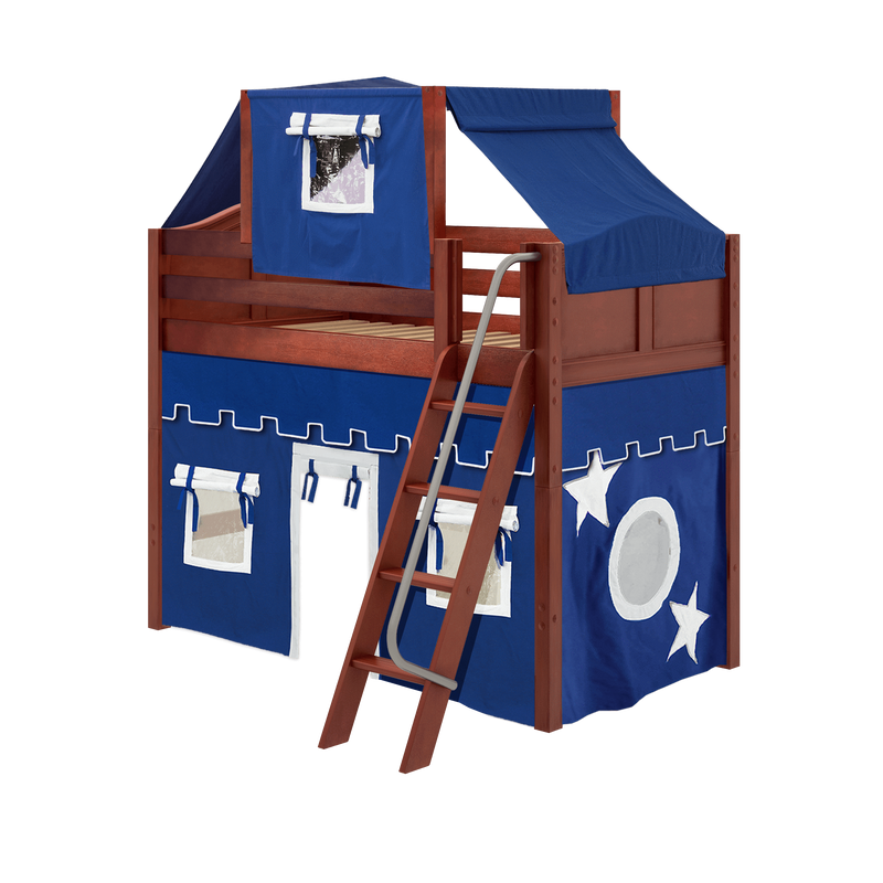 Maxtrix Twin Mid Loft Bed with Angled Ladder, Curtain + Top Tent