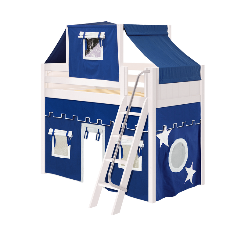 Maxtrix Twin Mid Loft Bed with Angled Ladder, Curtain + Top Tent