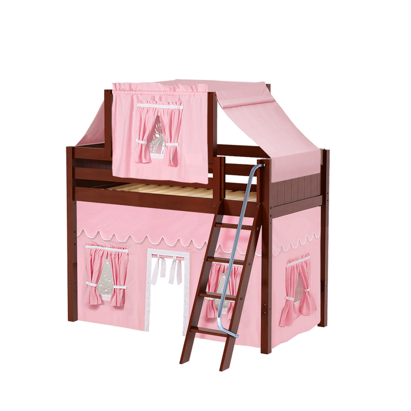 Maxtrix Twin Mid Loft Bed with Angled Ladder, Curtain + Top Tent