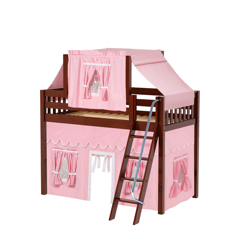 Maxtrix Twin Mid Loft Bed with Angled Ladder, Curtain + Top Tent
