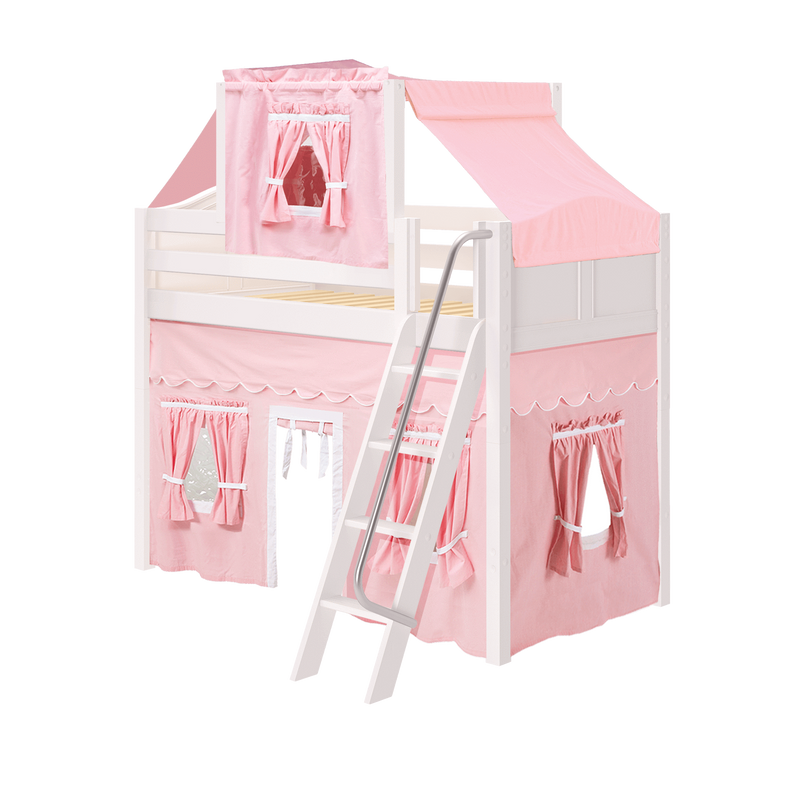 Maxtrix Twin Mid Loft Bed with Angled Ladder, Curtain + Top Tent