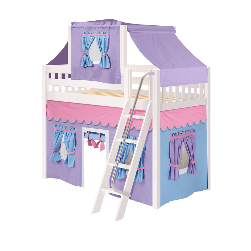 Maxtrix Twin Mid Loft Bed with Angled Ladder, Curtain + Top Tent