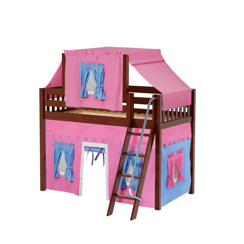 Maxtrix Twin Mid Loft Bed with Angled Ladder, Curtain + Top Tent