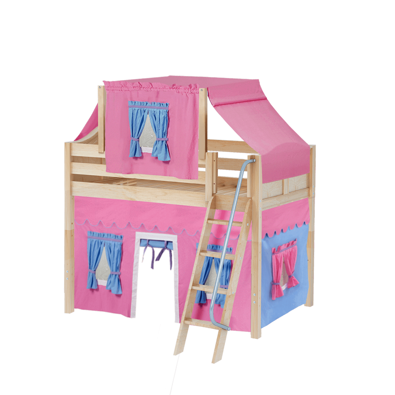 Maxtrix Twin Mid Loft Bed with Angled Ladder, Curtain + Top Tent