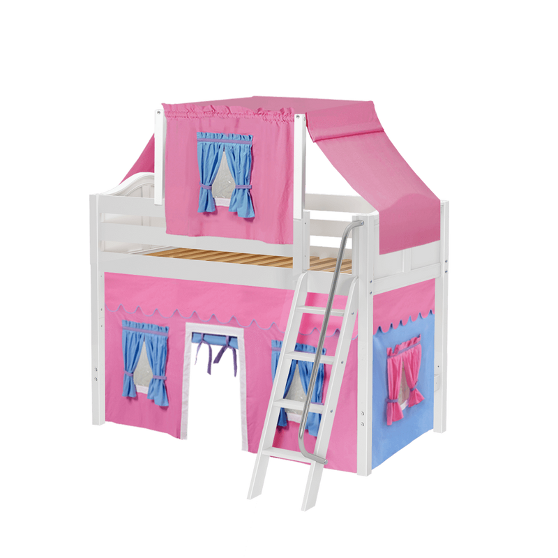 Maxtrix Twin Mid Loft Bed with Angled Ladder, Curtain + Top Tent