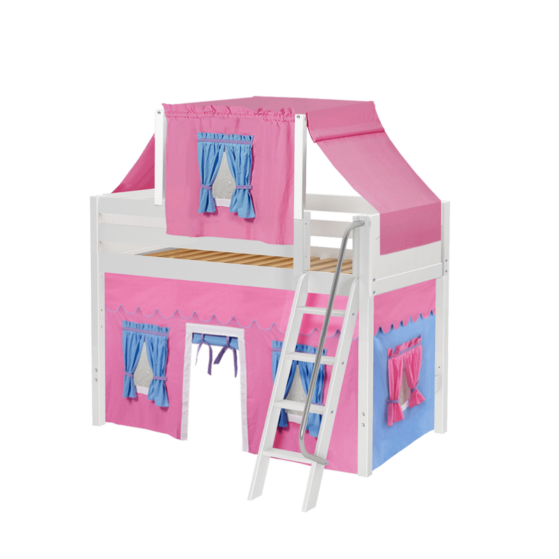 Maxtrix Twin Mid Loft Bed with Angled Ladder, Curtain + Top Tent