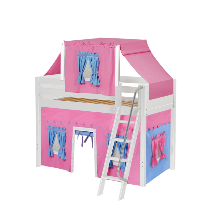 Maxtrix Twin Mid Loft Bed with Angled Ladder, Curtain + Top Tent