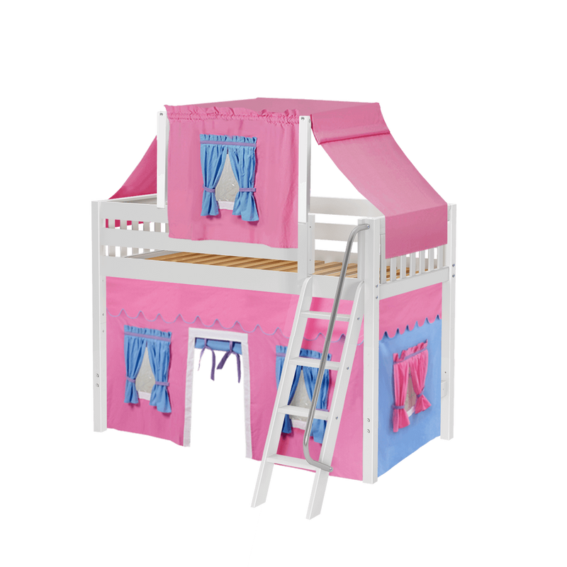 Maxtrix Twin Mid Loft Bed with Angled Ladder, Curtain + Top Tent