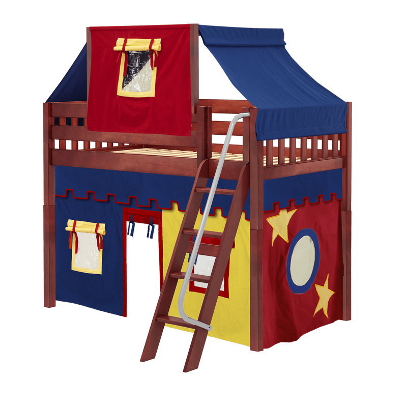 Maxtrix Twin Mid Loft Bed with Angled Ladder, Curtain + Top Tent