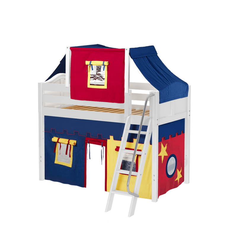 Maxtrix Twin Mid Loft Bed with Angled Ladder, Curtain + Top Tent