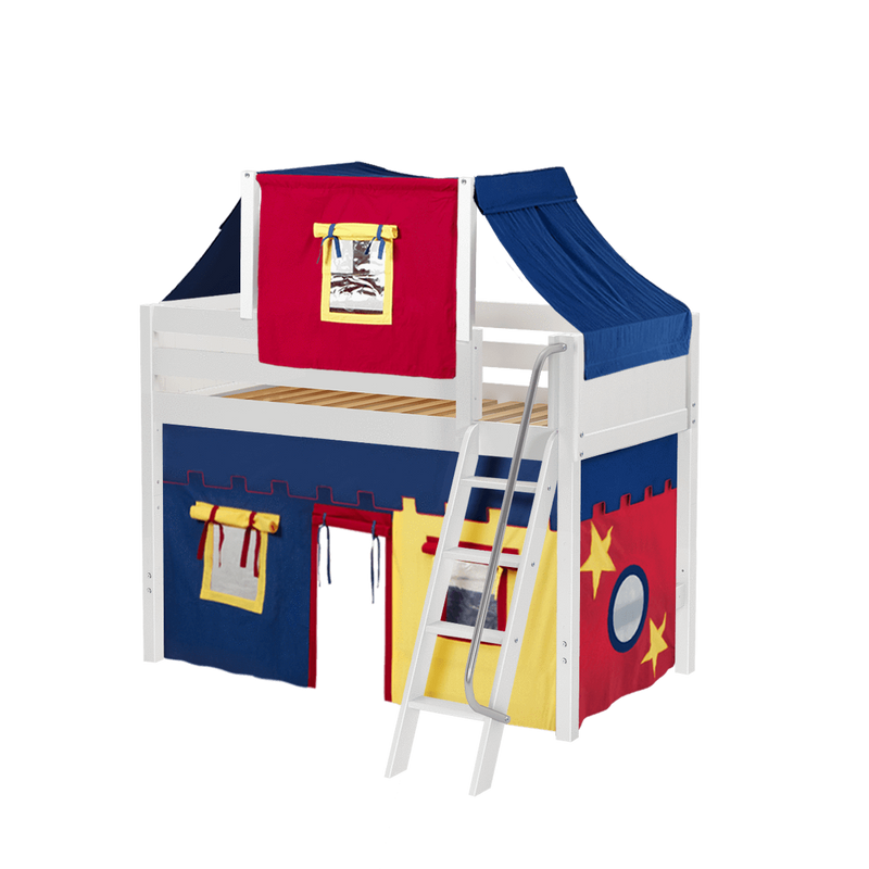 Maxtrix Twin Mid Loft Bed with Angled Ladder, Curtain + Top Tent