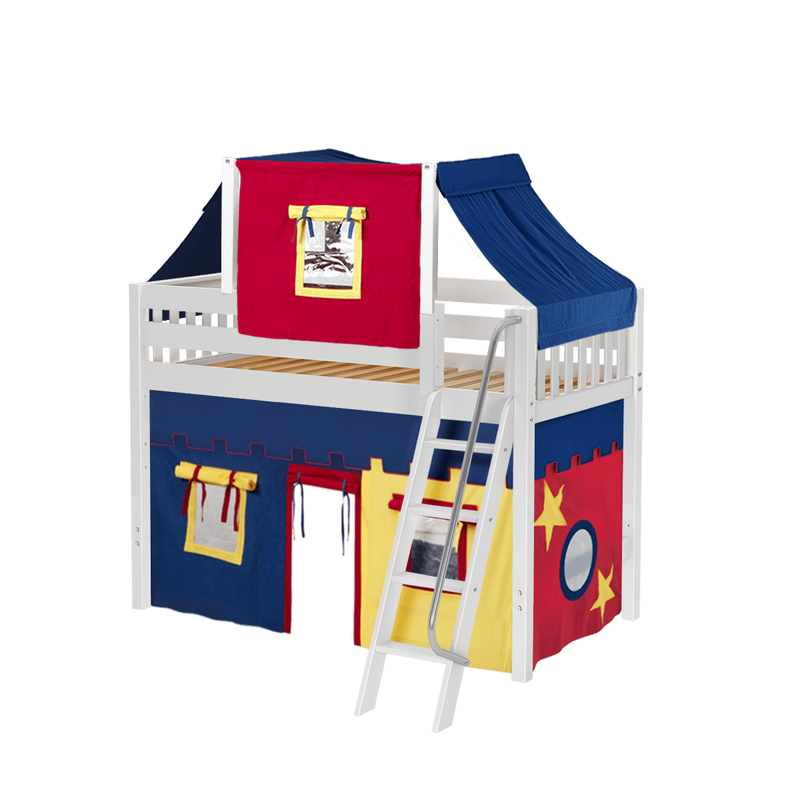 Maxtrix Twin Mid Loft Bed with Angled Ladder, Curtain + Top Tent