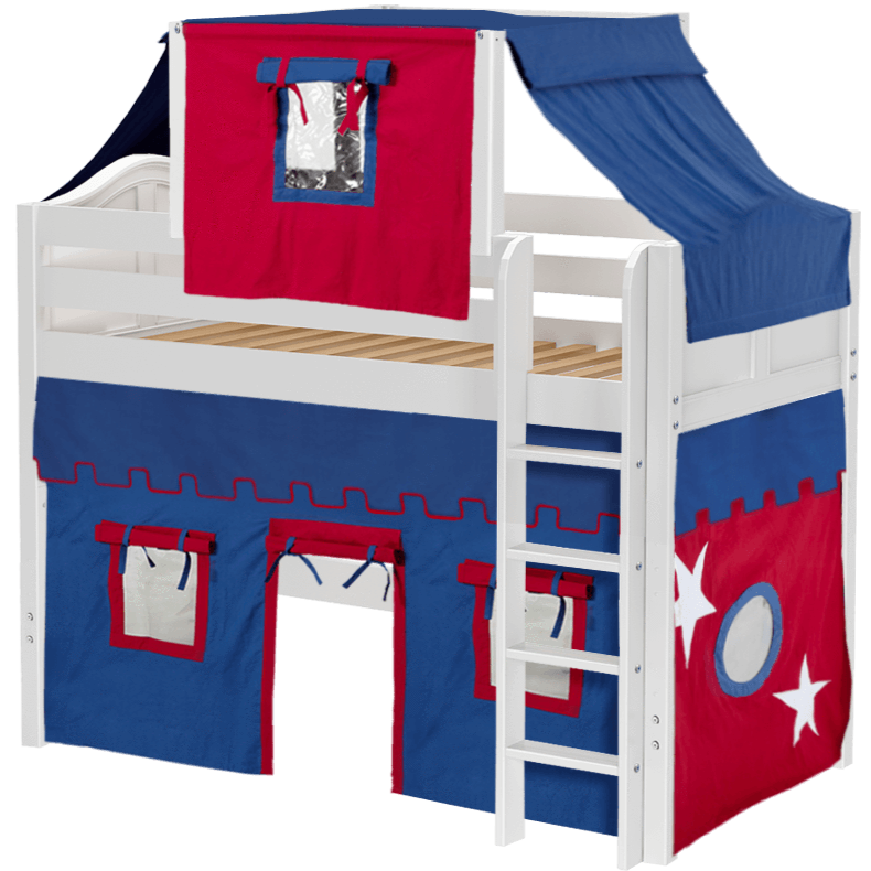 Maxtrix Twin Mid Loft Bed with Straight Ladder, Curtain + Top Tent