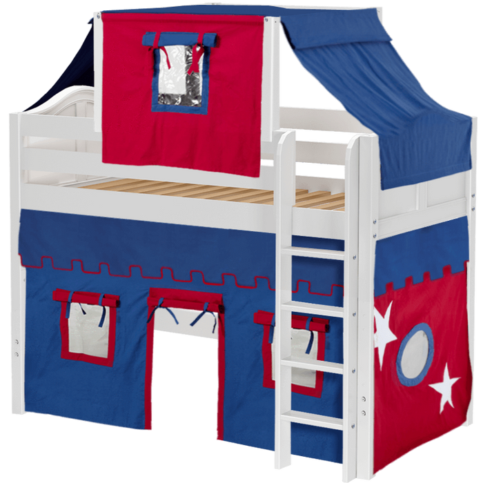 Maxtrix Twin Mid Loft Bed with Straight Ladder, Curtain + Top Tent