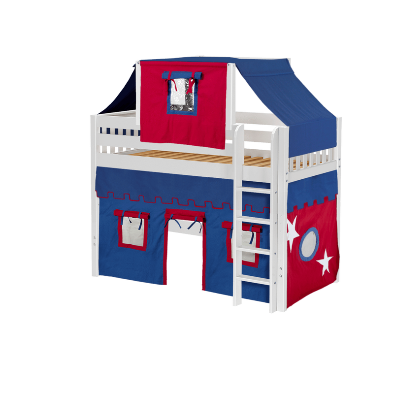 Maxtrix Twin Mid Loft Bed with Straight Ladder, Curtain + Top Tent