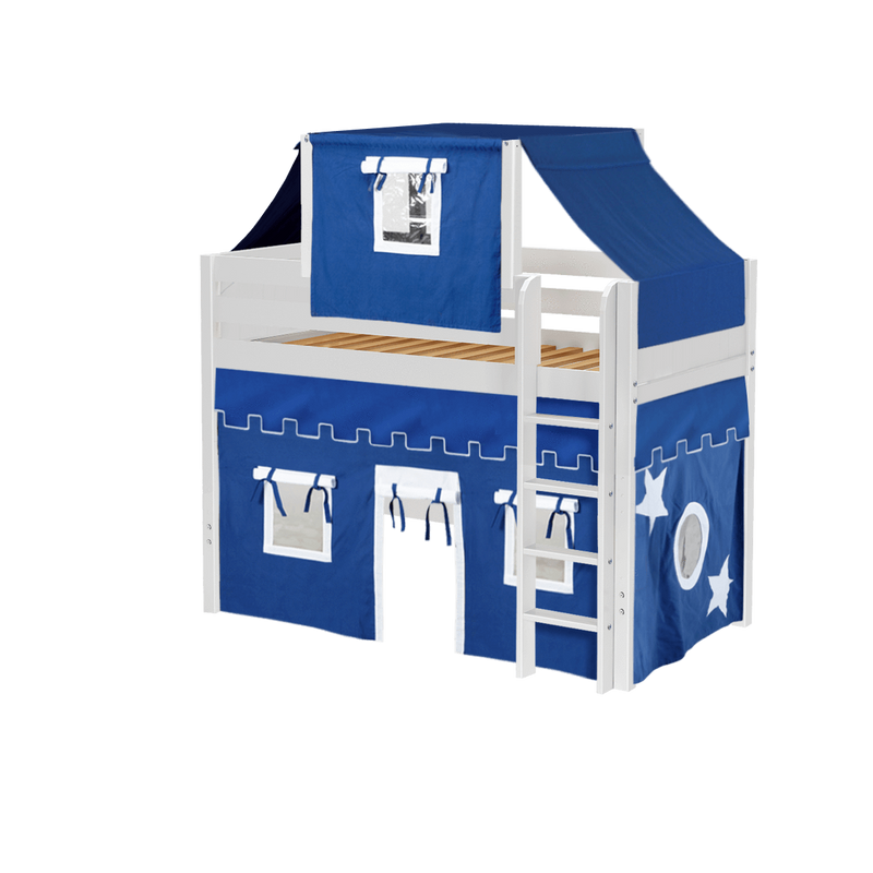 Maxtrix Twin Mid Loft Bed with Straight Ladder, Curtain + Top Tent