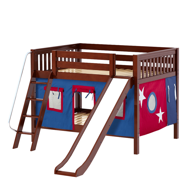 Maxtrix Full Low Bunk Bed with Angled Ladder, Curtain + Slide