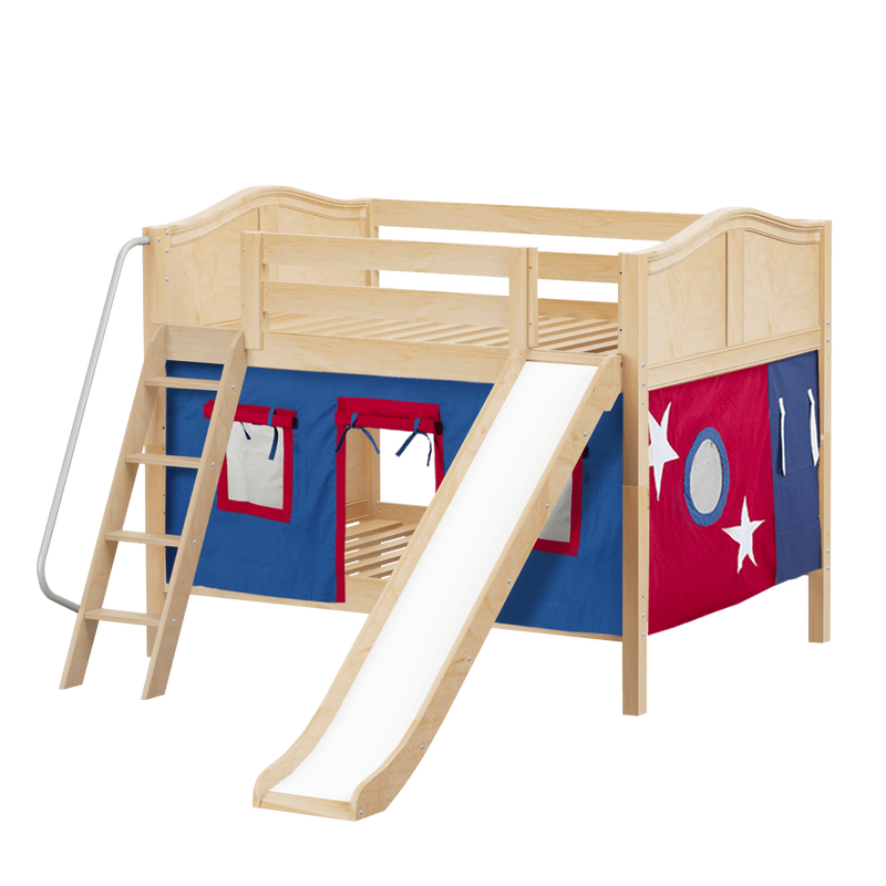 Maxtrix Full Low Bunk Bed with Angled Ladder, Curtain + Slide