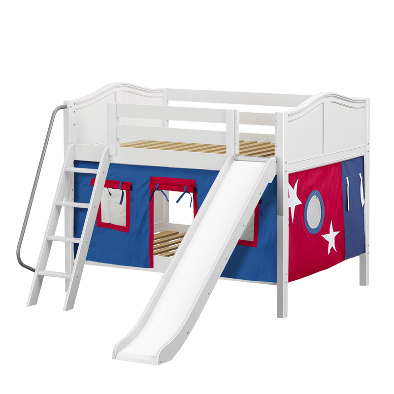 Maxtrix Full Low Bunk Bed with Angled Ladder, Curtain + Slide