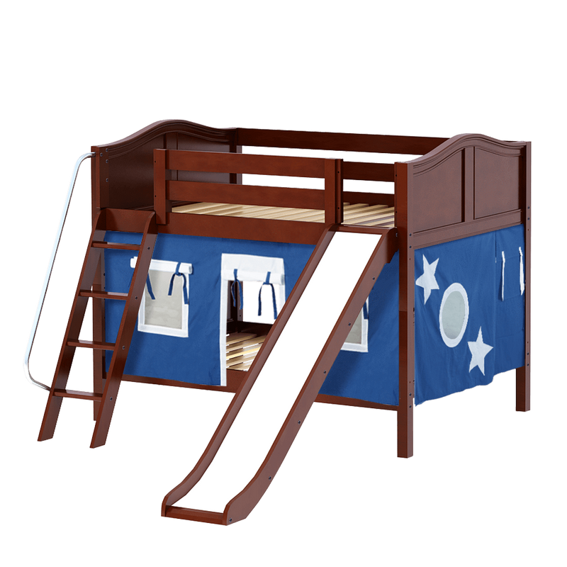 Maxtrix Full Low Bunk Bed with Angled Ladder, Curtain + Slide