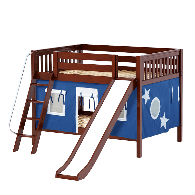 Maxtrix Full Low Bunk Bed with Angled Ladder, Curtain + Slide