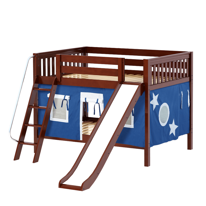 Maxtrix Full Low Bunk Bed with Angled Ladder, Curtain + Slide