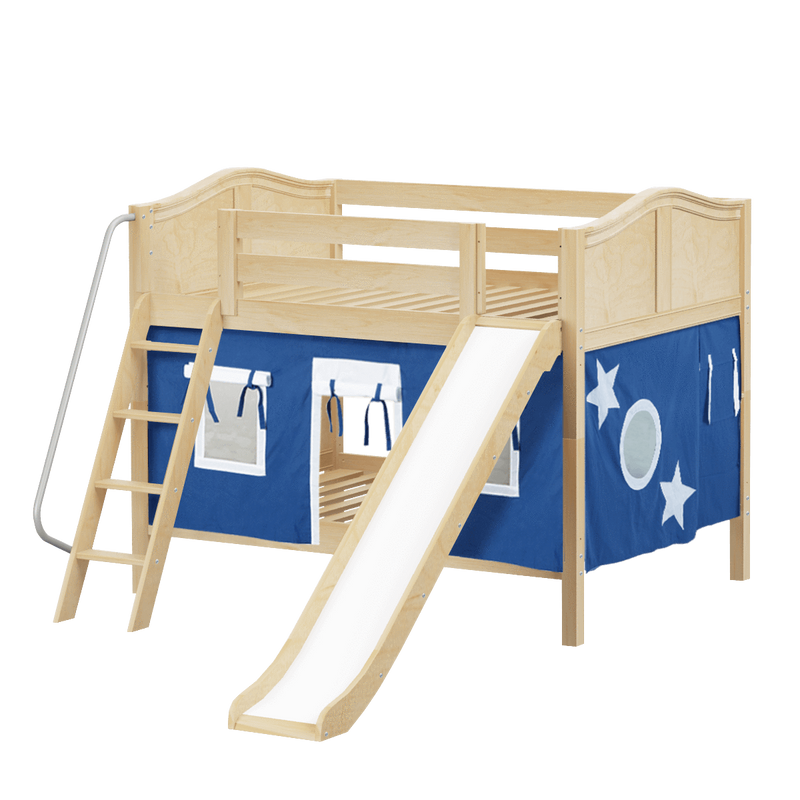 Maxtrix Full Low Bunk Bed with Angled Ladder, Curtain + Slide