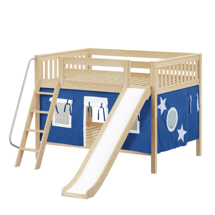 Maxtrix Full Low Bunk Bed with Angled Ladder, Curtain + Slide