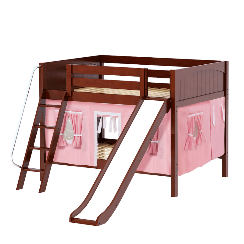 Maxtrix Full Low Bunk Bed with Angled Ladder, Curtain + Slide