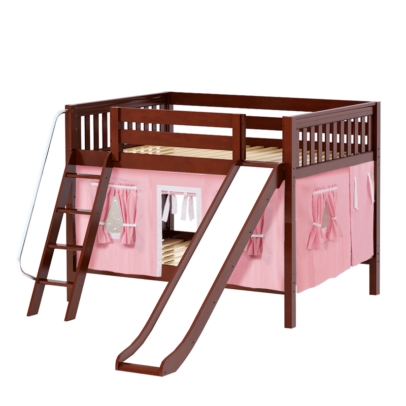 Maxtrix Full Low Bunk Bed with Angled Ladder, Curtain + Slide