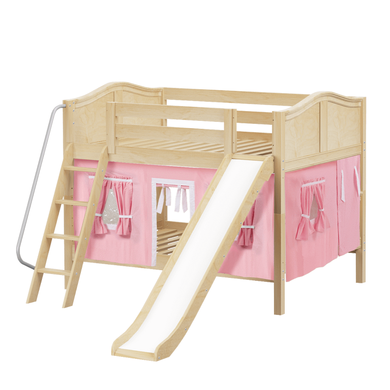 Maxtrix Full Low Bunk Bed with Angled Ladder, Curtain + Slide