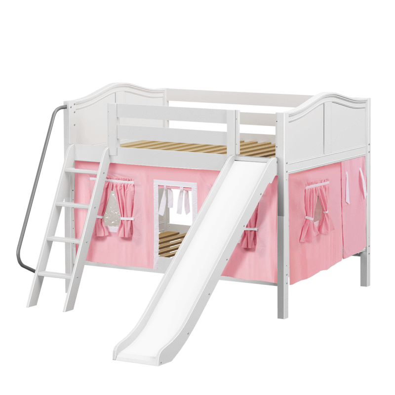 Maxtrix Full Low Bunk Bed with Angled Ladder, Curtain + Slide