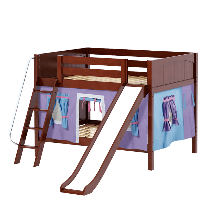 Maxtrix Full Low Bunk Bed with Angled Ladder, Curtain + Slide