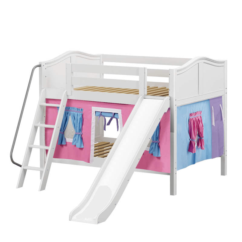 Maxtrix Full Low Bunk Bed with Angled Ladder, Curtain + Slide