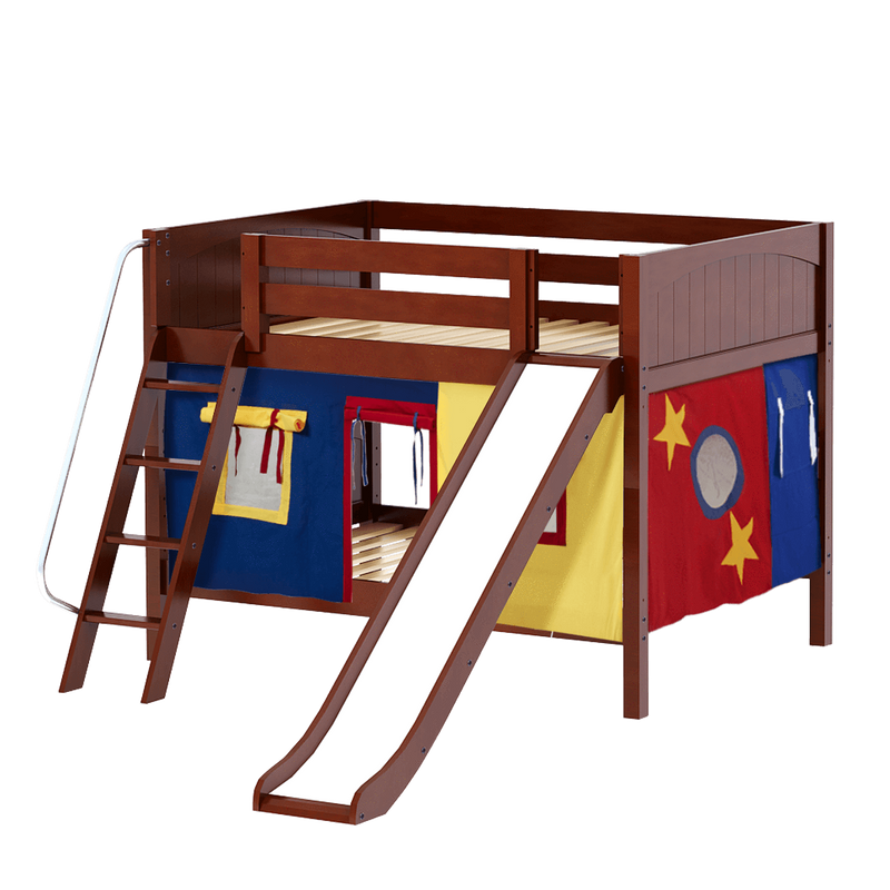 Maxtrix Full Low Bunk Bed with Angled Ladder, Curtain + Slide