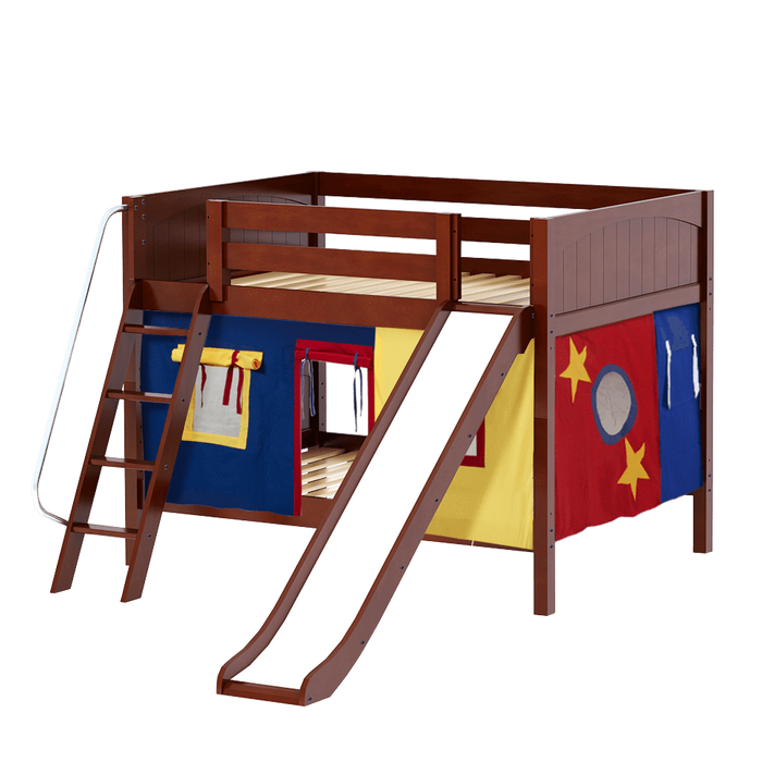 Maxtrix Full Low Bunk Bed with Angled Ladder, Curtain + Slide