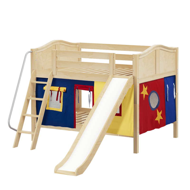 Maxtrix Full Low Bunk Bed with Angled Ladder, Curtain + Slide