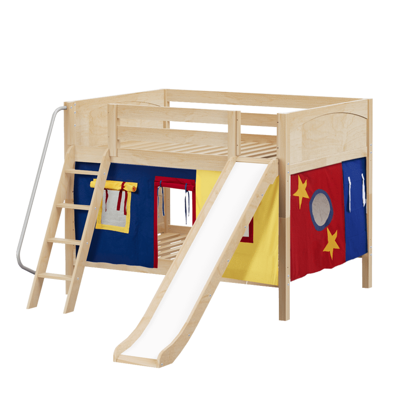Maxtrix Full Low Bunk Bed with Angled Ladder, Curtain + Slide