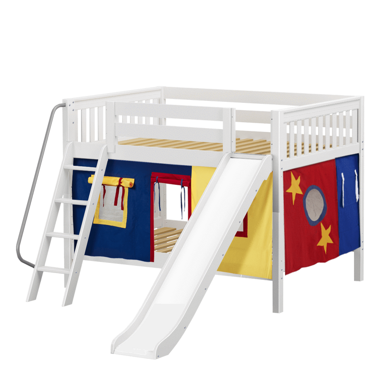 Maxtrix Full Low Bunk Bed with Angled Ladder, Curtain + Slide