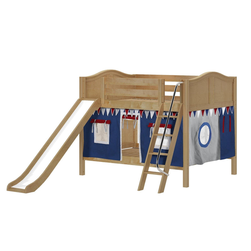 Maxtrix Full Low Bunk Bed with Angled Ladder, Curtain + Slide