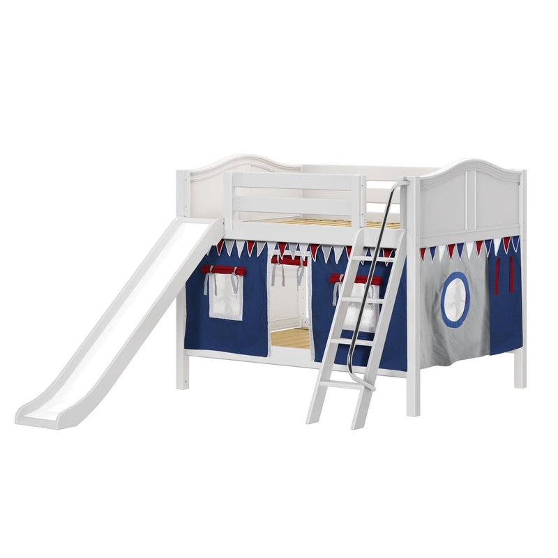 Maxtrix Full Low Bunk Bed with Angled Ladder, Curtain + Slide