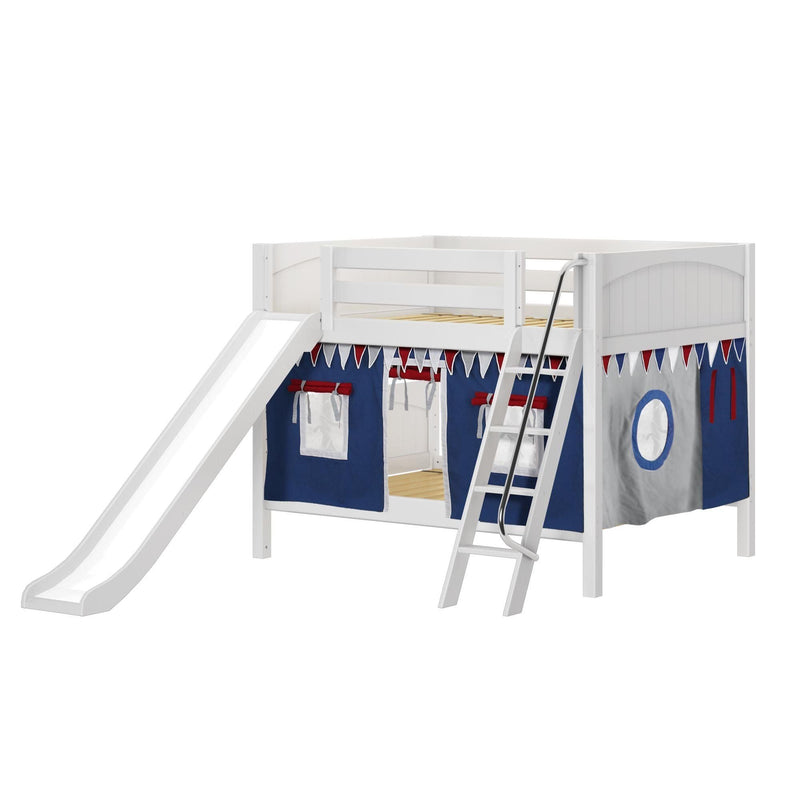 Maxtrix Full Low Bunk Bed with Angled Ladder, Curtain + Slide