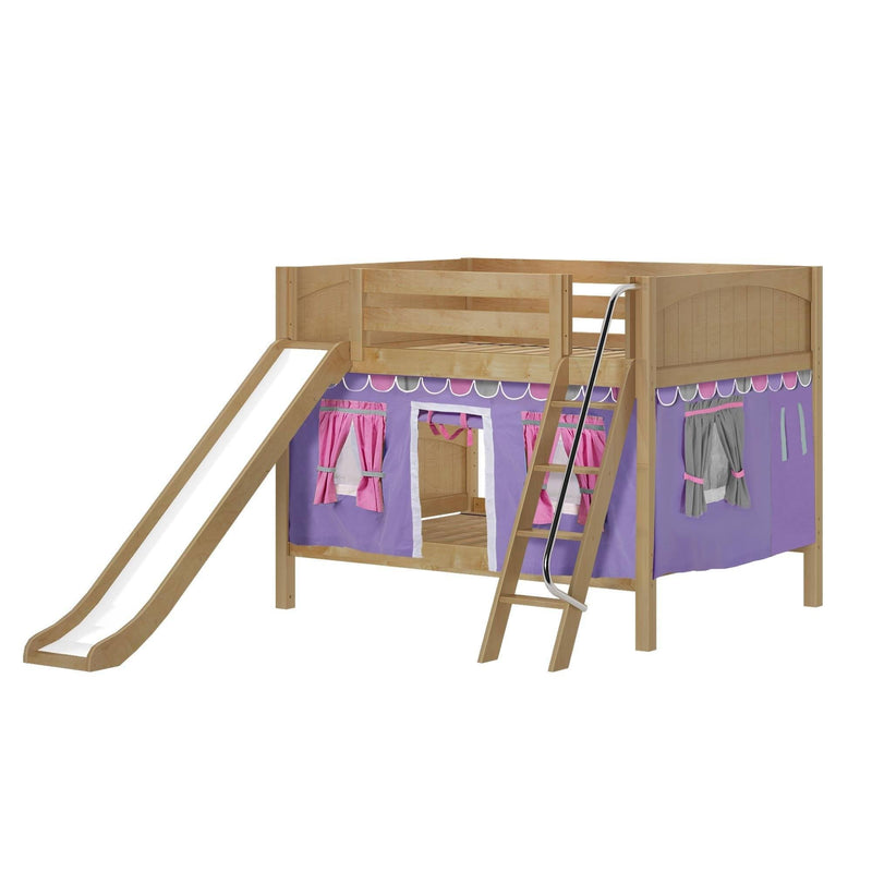 Maxtrix Full Low Bunk Bed with Angled Ladder, Curtain + Slide